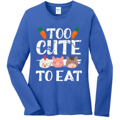 Funny Vegan Too Cute To Eat Vegetarian Save Animals Gift Ladies Long Sleeve Shirt