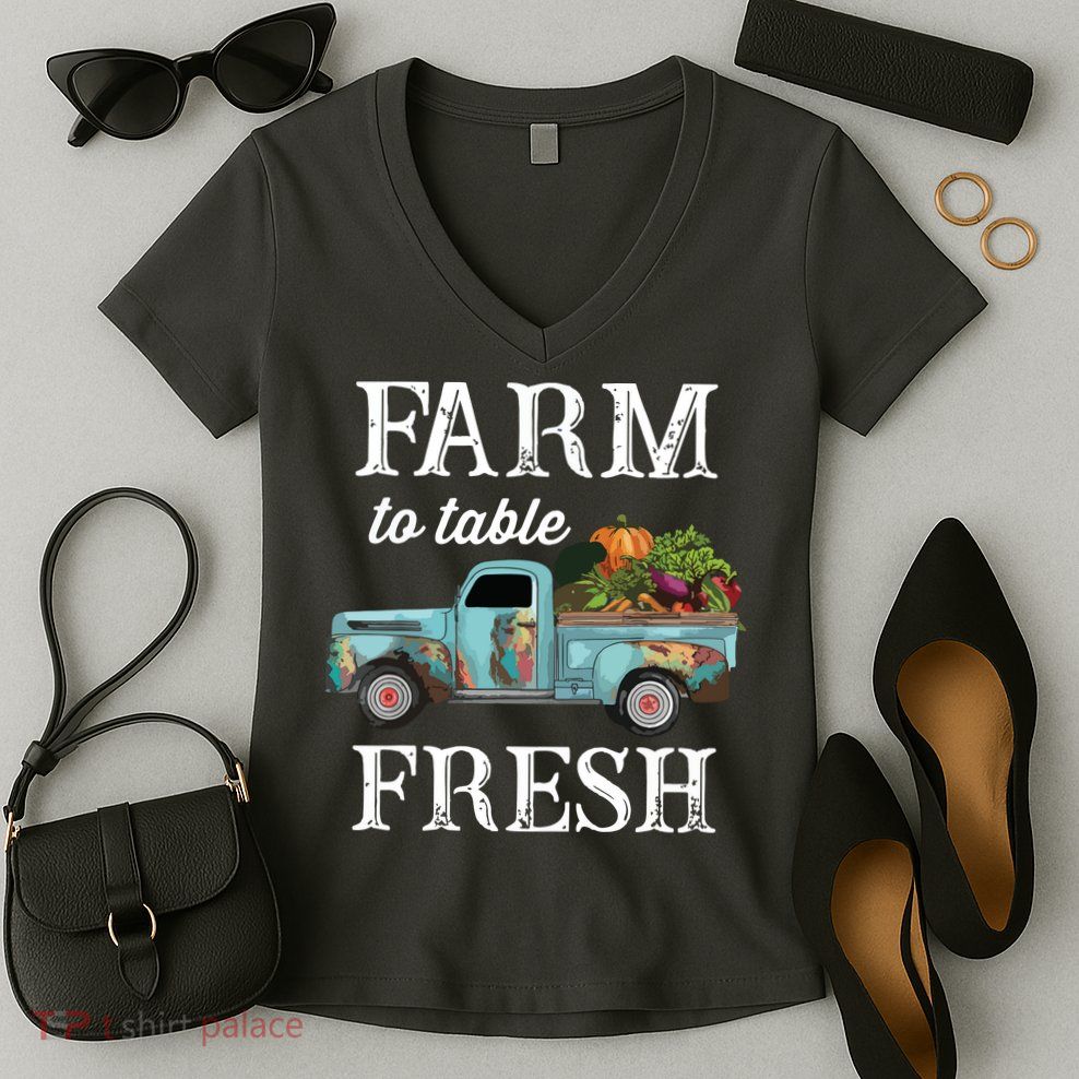 Farm Vegetables Truck Farm To Table Fresh Women's V-Neck T-Shirt