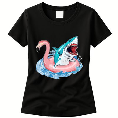 Funny Vacation Time Flamingo SwimTube Shark Womens T-Shirt