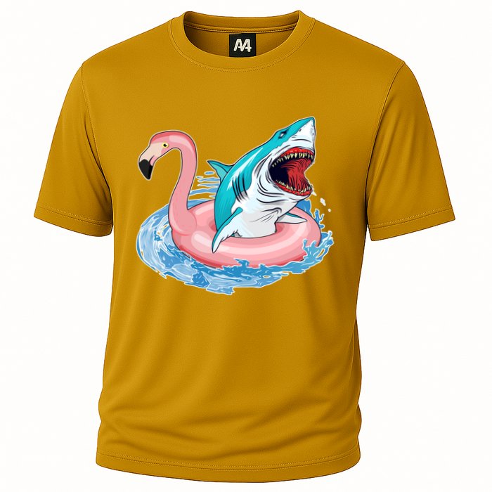 Funny Vacation Time Flamingo SwimTube Shark Cooling Performance Crew T-Shirt