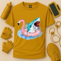 Funny Vacation Time Flamingo SwimTube Shark Cooling Performance Crew T-Shirt