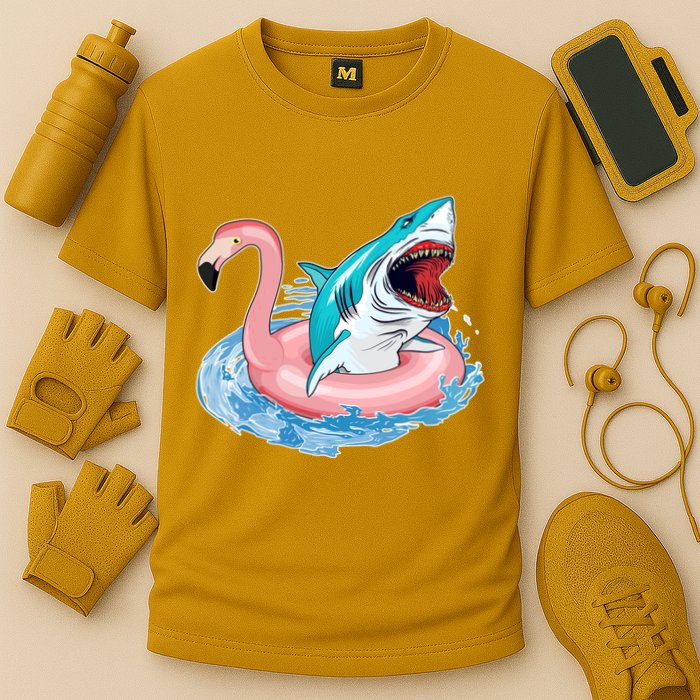 Funny Vacation Time Flamingo SwimTube Shark Cooling Performance Crew T-Shirt