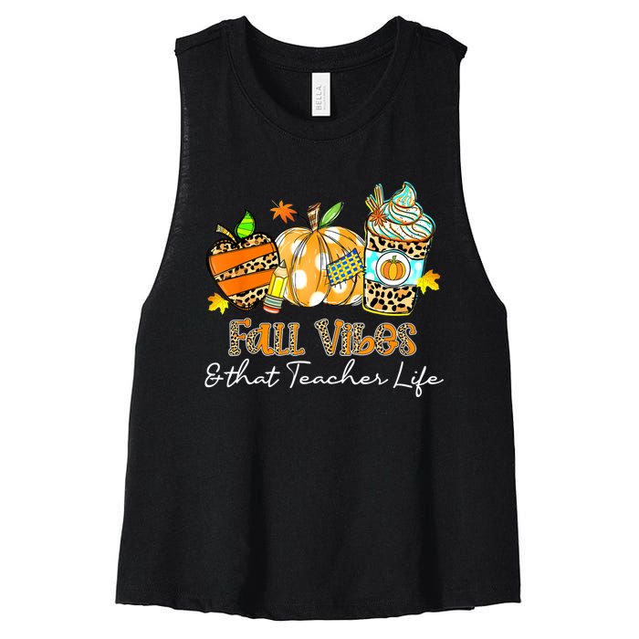 Fall Vibes & That Teacher Life Apple Pencil Pumpkin Fall Women's Racerback Cropped Tank