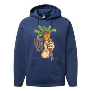 Funny Vegan Vegetarian Pun Tee Living On The Veg Cute Gift Performance Fleece Hoodie