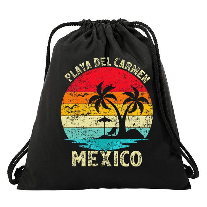 Family Vacation Vintage Retro Mexico Playa Del Carmen Beach Drawstring Bag