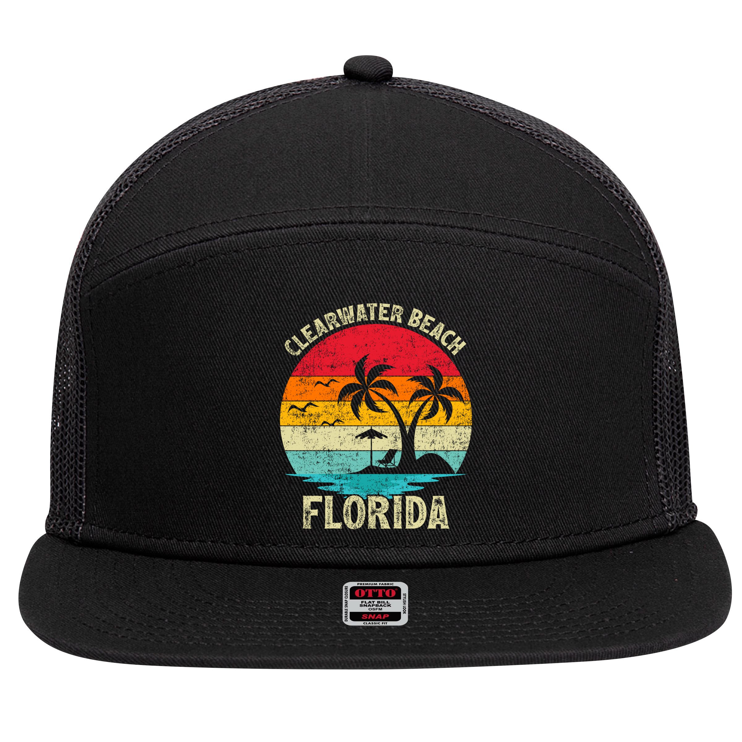 Family Vacation Vintage Retro Florida Clearwater Beach Cute Gift 7 Panel Mesh Trucker Snapback Hat