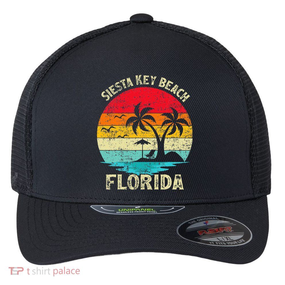 Family Vacation Vintage Retro Florida Siesta Key Beach Flexfit Unipanel Trucker Cap
