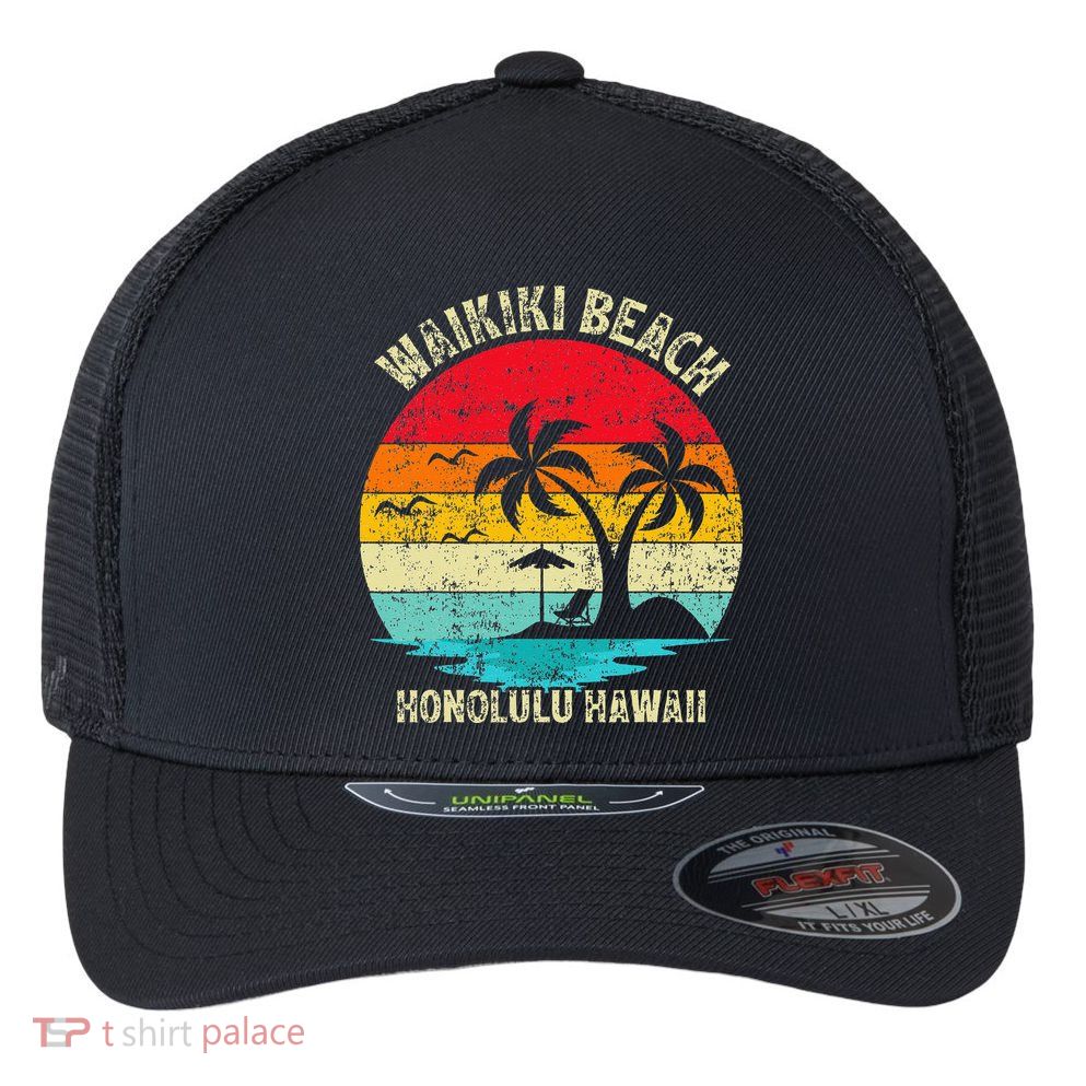 Family Vacation Vintage Retro Honolulu Hawaii Waikiki Beach Flexfit Unipanel Trucker Cap