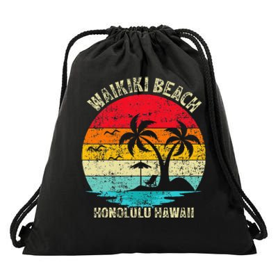 Family Vacation Vintage Retro Honolulu Hawaii Waikiki Beach Drawstring Bag