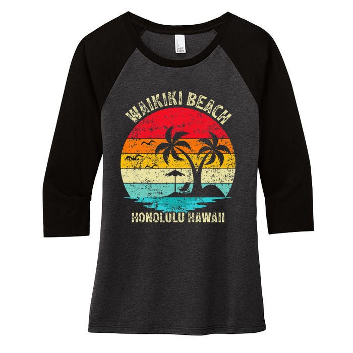 Family Vacation Vintage Retro Honolulu Hawaii Waikiki Beach Women's Tri-Blend 3/4-Sleeve Raglan Shirt