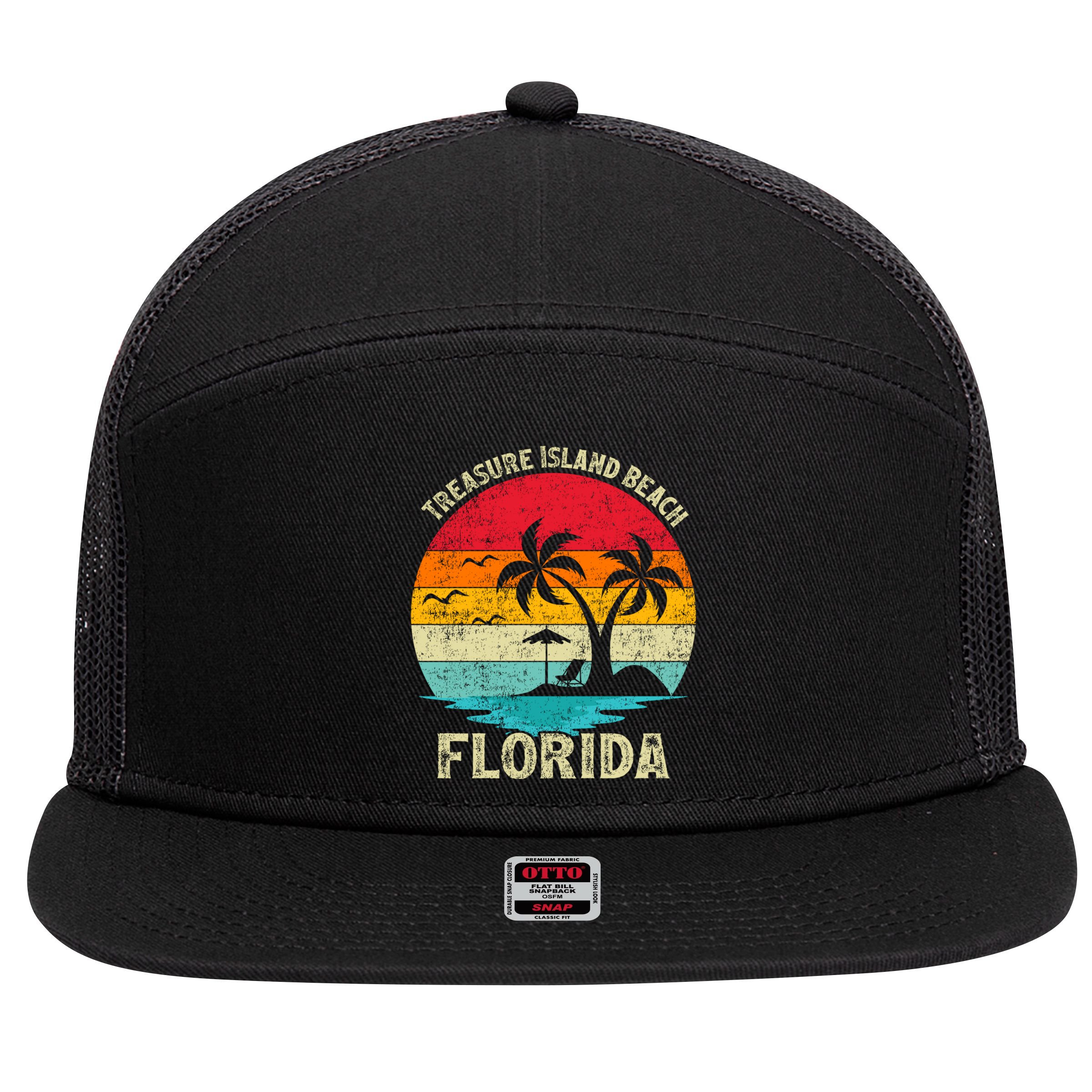 Family Vacation Vintage Retro Florida Treasure Island Beach Cute Gift 7 Panel Mesh Trucker Snapback Hat