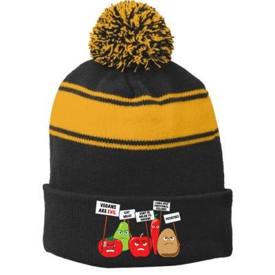 Funny Vegan Vegetables Fruits Protesting Against Vegans Stripe Pom Pom Beanie