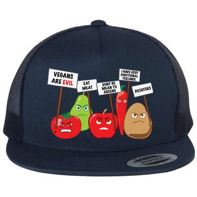 Funny Vegan Vegetables Fruits Protesting Against Vegans Flat Bill Trucker Hat