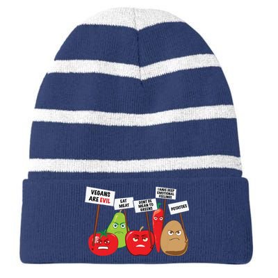 Funny Vegan Vegetables Fruits Protesting Against Vegans Striped Beanie with Solid Band