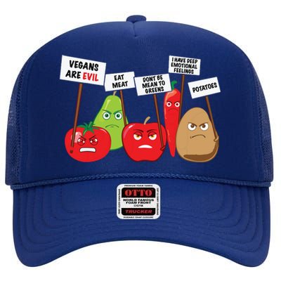 Funny Vegan Vegetables Fruits Protesting Against Vegans High Crown Mesh Back Trucker Hat