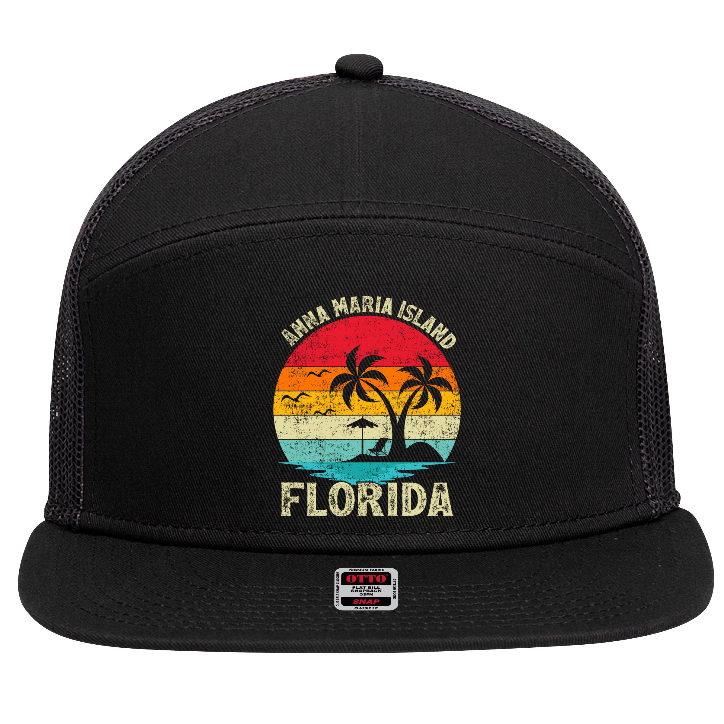 Family Vacation Vintage Retro Florida Anna Maria Island Gift 7 Panel Mesh Trucker Snapback Hat