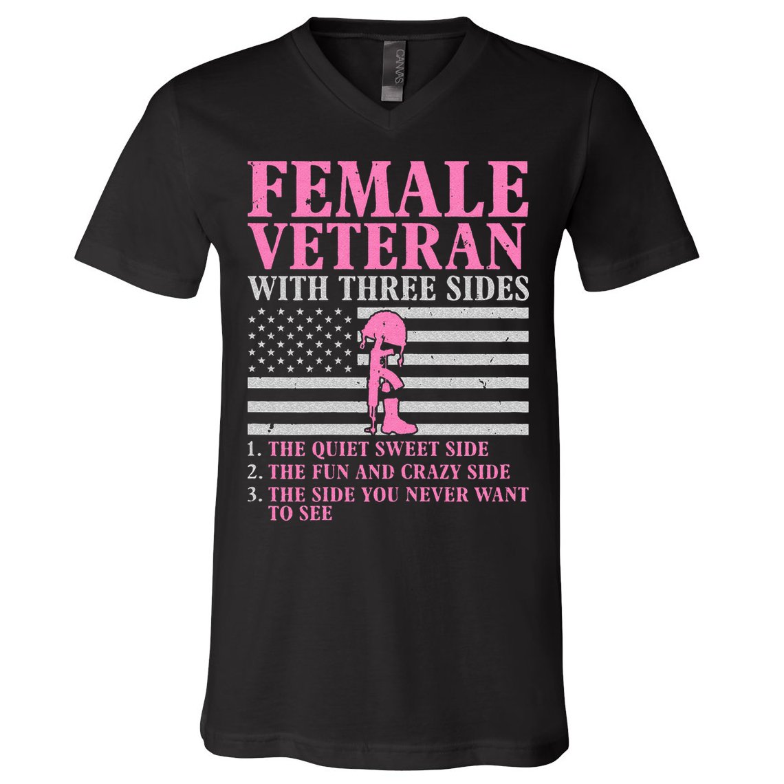 Female Veteran With Three Sides Women Veteran Mother Grandma V-Neck T-Shirt
