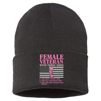Female Veteran With Three Sides Women Veteran Mother Grandma Sustainable Knit Beanie
