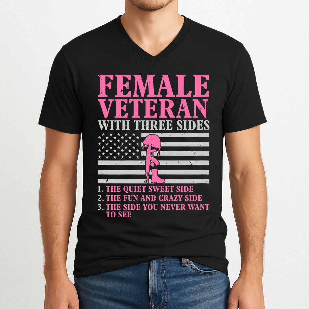 Female Veteran With Three Sides Women Veteran Mother Grandma V-Neck T-Shirt