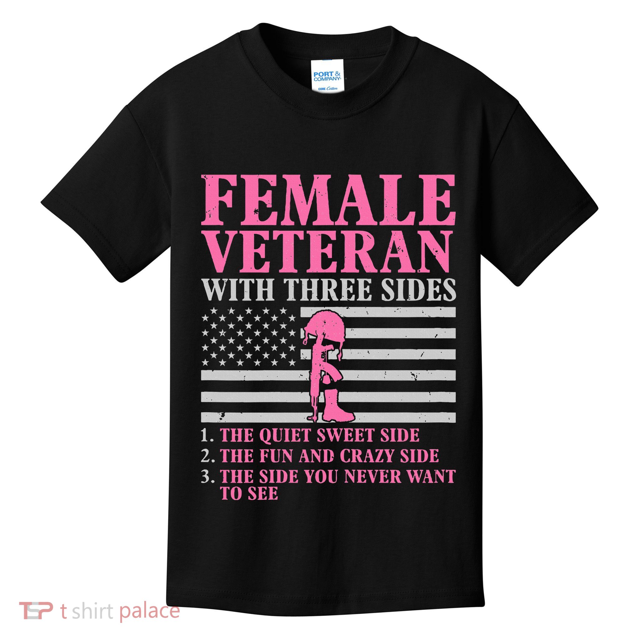 Female Veteran With Three Sides Women Veteran Mother Grandma Kids T-Shirt
