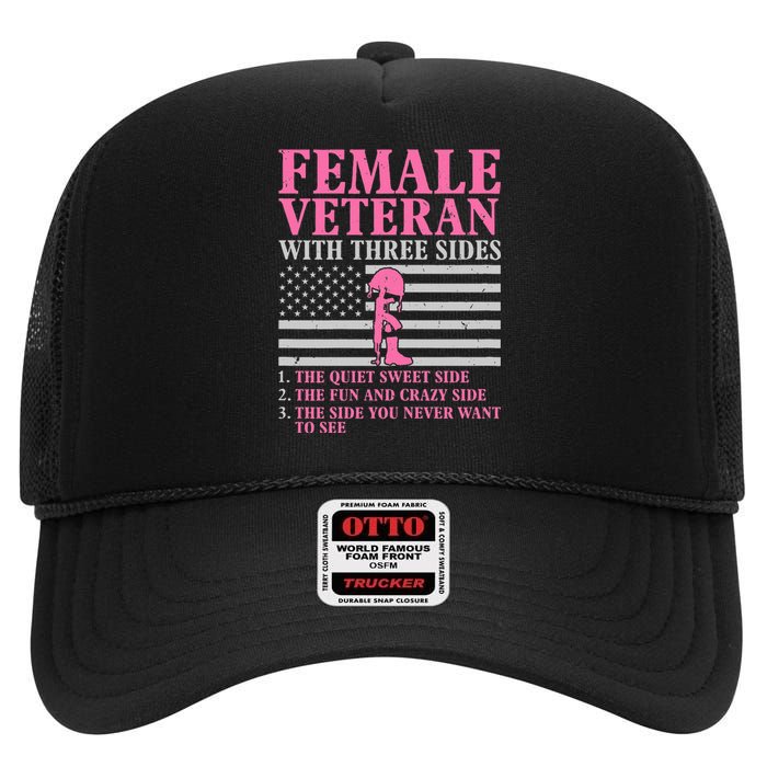 Female Veteran With Three Sides Women Veteran Mother Grandma High Crown Mesh Back Trucker Hat