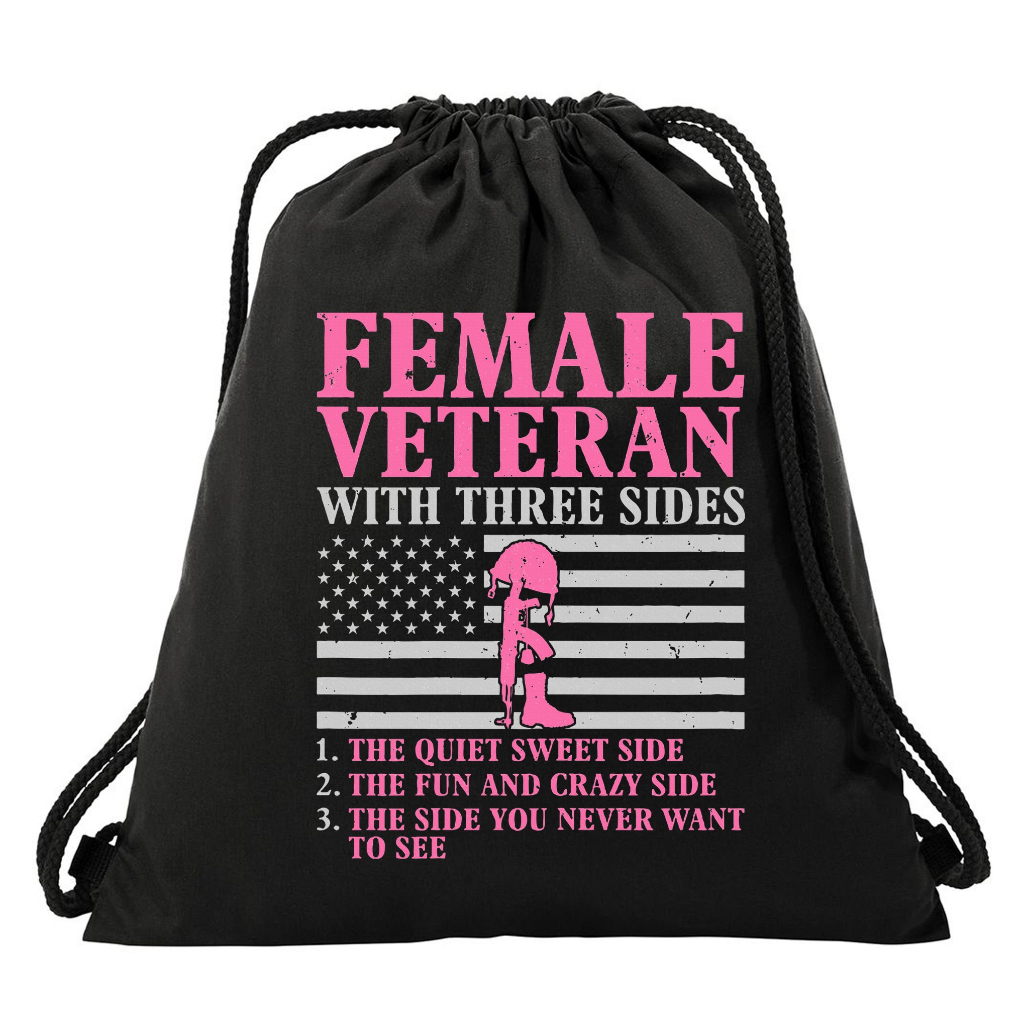Female Veteran With Three Sides Women Veteran Mother Grandma Drawstring Bag