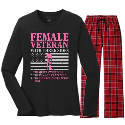 Female Veteran With Three Sides Women Veteran Mother Grandma Women's Long Sleeve Flannel Pajama Set 