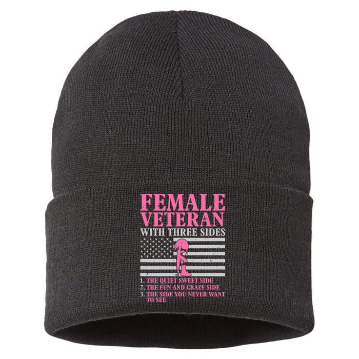 Female Veteran With Three Sides Women Veteran Mother Grandma Sustainable Knit Beanie