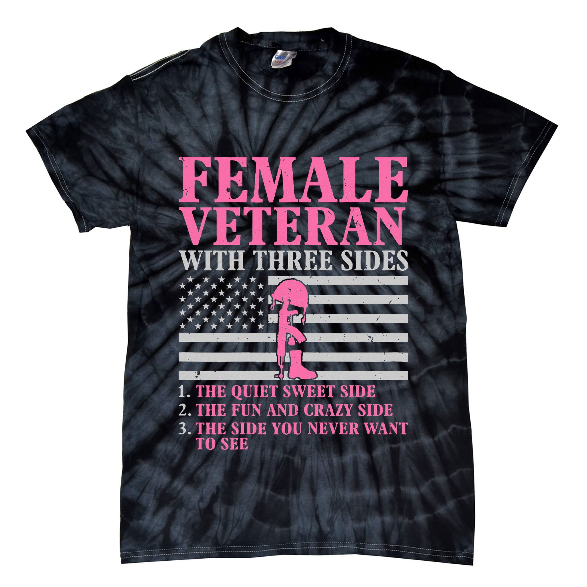 Female Veteran With Three Sides Women Veteran Mother Grandma Tie-Dye T-Shirt