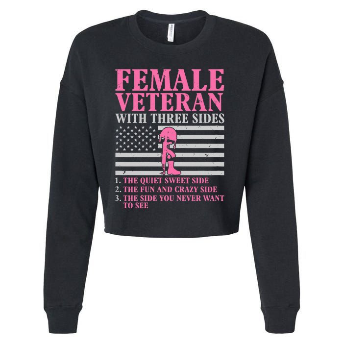 Female Veteran With Three Sides Women Veteran Mother Grandma Cropped Pullover Crew