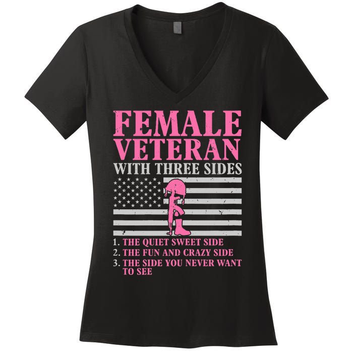 Female Veteran With Three Sides Women Veteran Mother Grandma Women's V-Neck T-Shirt