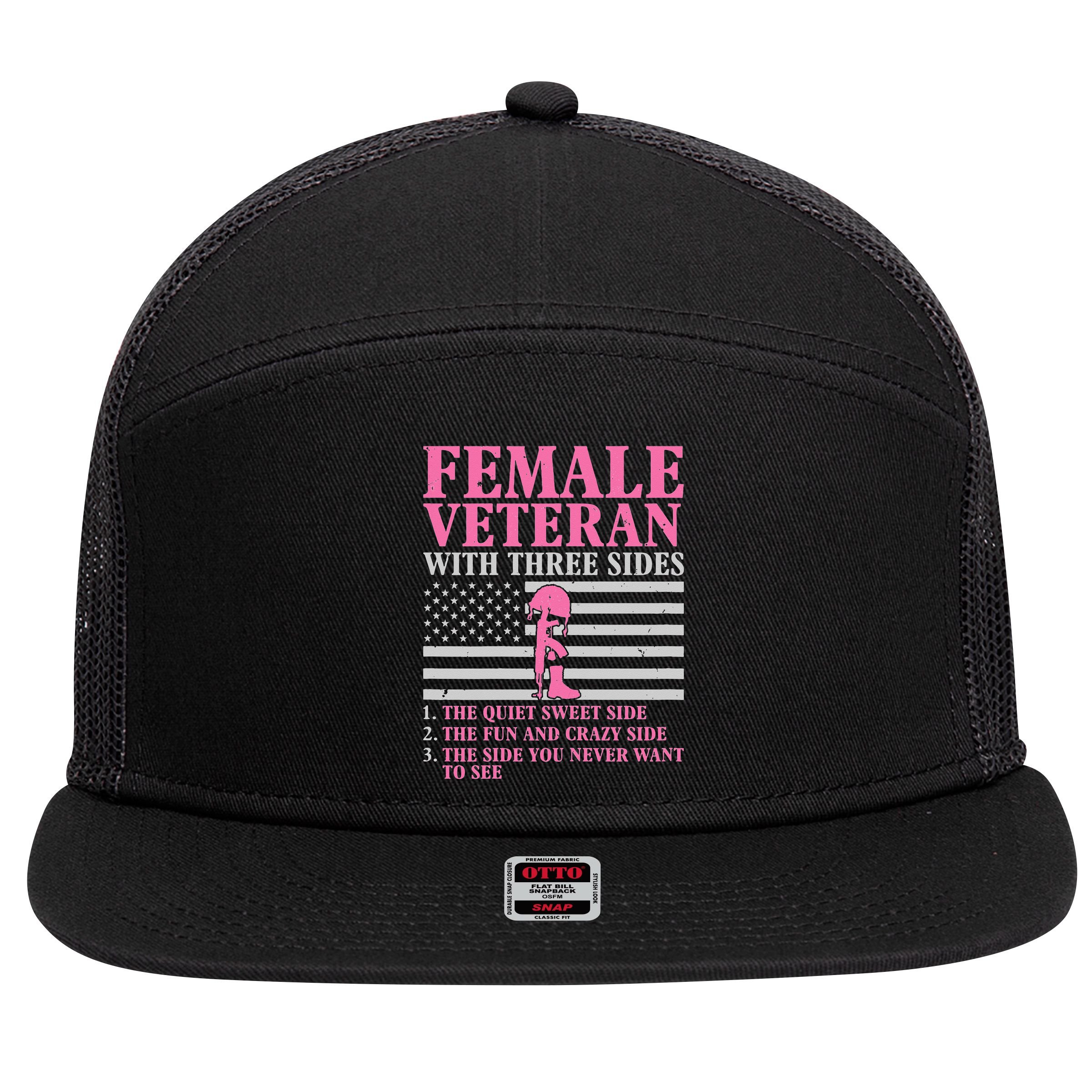 Female Veteran with Three Sides  Veteran Mother Grandma 7 Panel Mesh Trucker Snapback Hat
