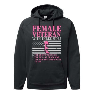 Female Veteran with Three Sides  Veteran Mother Grandma Performance Fleece Hoodie