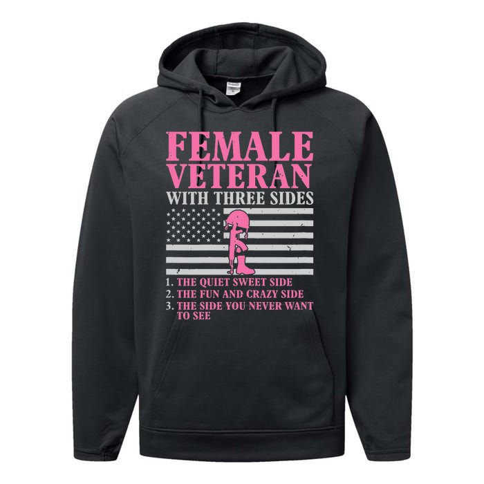 Female Veteran with Three Sides  Veteran Mother Grandma Performance Fleece Hoodie