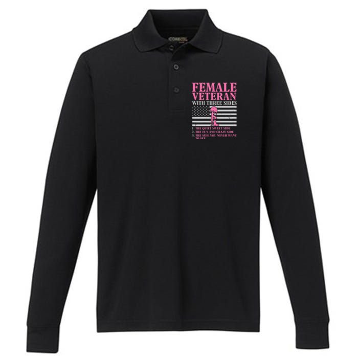 Female Veteran with Three Sides  Veteran Mother Grandma Performance Long Sleeve Polo