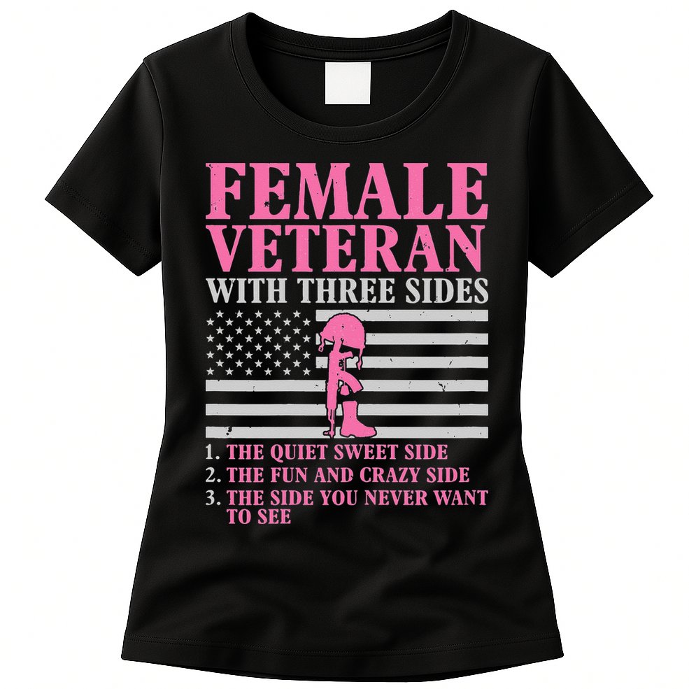 Female Veteran with Three Sides  Veteran Mother Grandma Womens T-Shirt