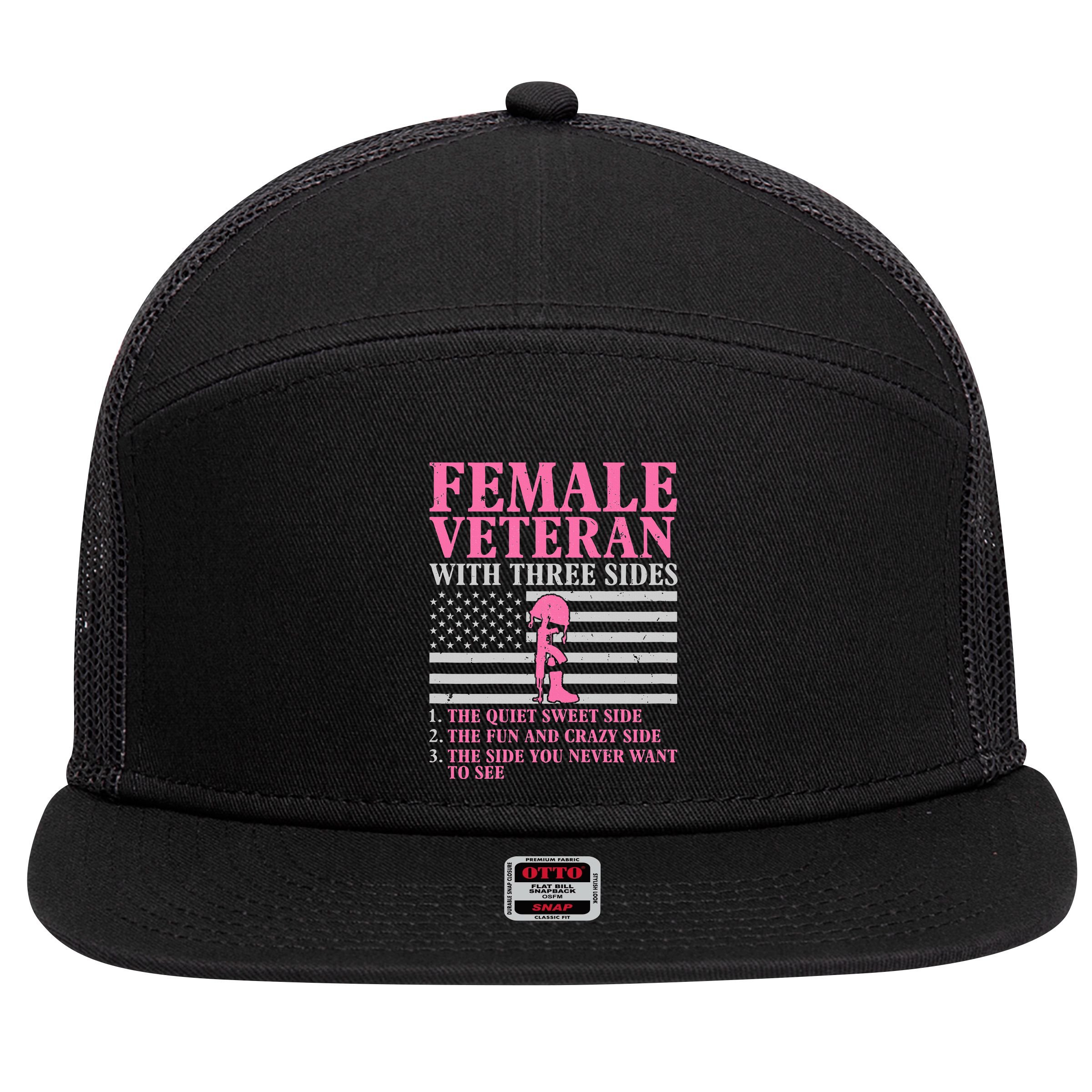 Female Veteran With Three Sides Veteran Mother Grandma 7 Panel Mesh Trucker Snapback Hat