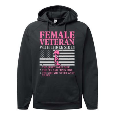 Female Veteran With Three Sides Veteran Mother Grandma Performance Fleece Hoodie