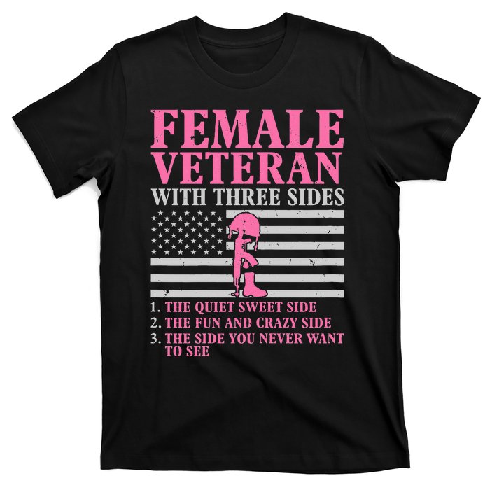 Female Veteran With Three Sides Veteran Mother Grandma T-Shirt