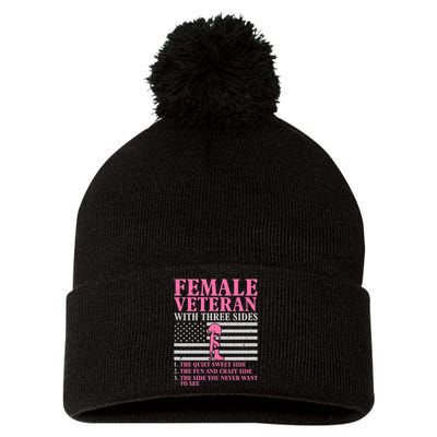 Female Veteran With Three Sides Veteran Mother Grandma Pom Pom 12in Knit Beanie