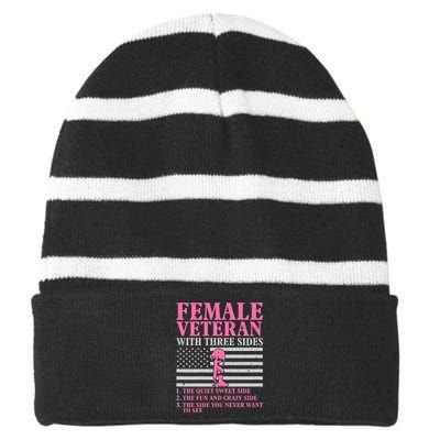 Female Veteran With Three Sides Veteran Mother Grandma Striped Beanie with Solid Band