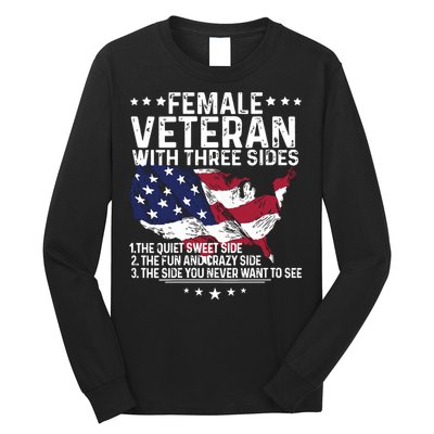 Female Veteran With Three Sides Women Veteran American Flag Long Sleeve Shirt