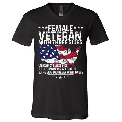 Female Veteran With Three Sides Women Veteran American Flag V-Neck T-Shirt