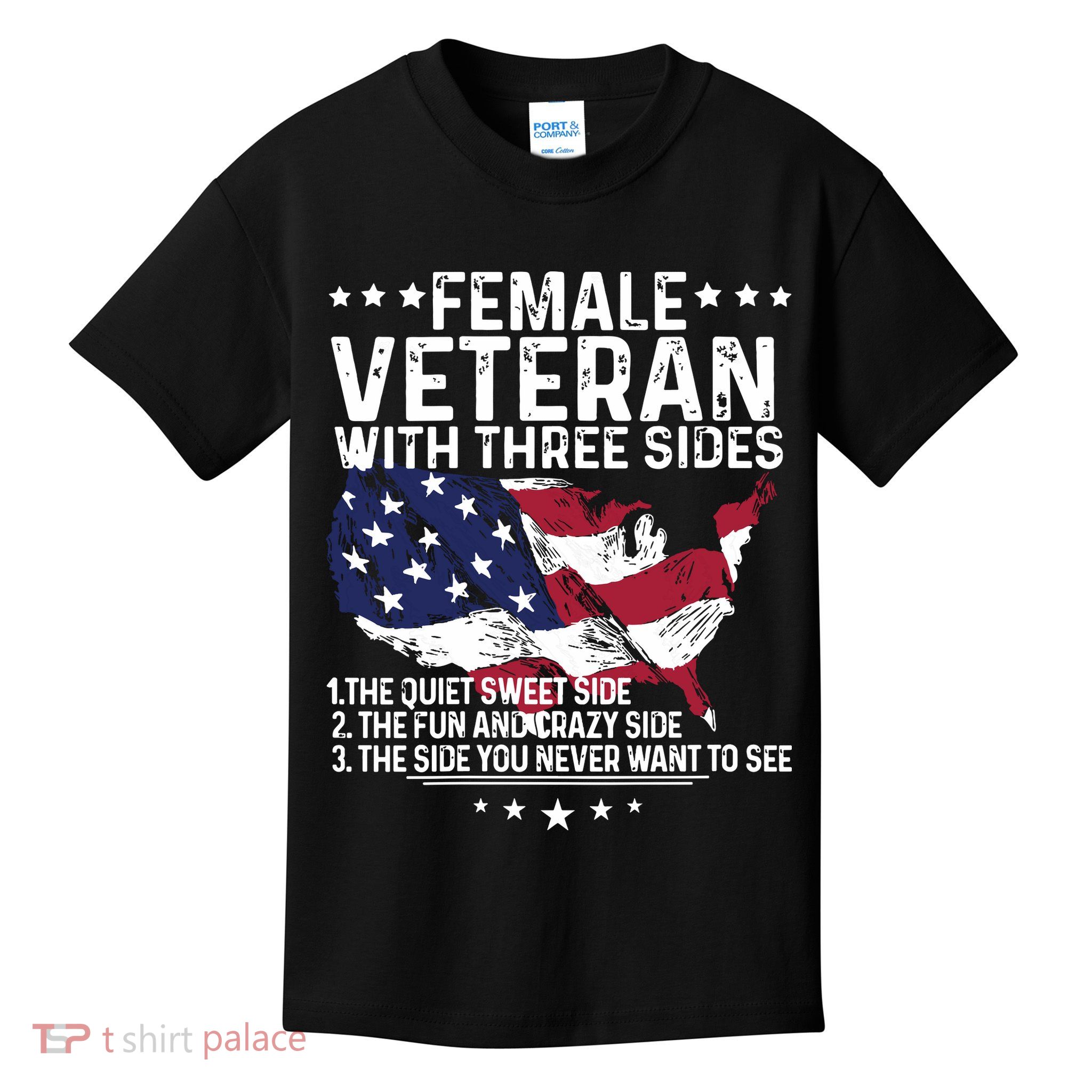 Female Veteran With Three Sides Women Veteran American Flag Kids T-Shirt