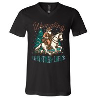 Funny Vintage Western Cowboy Santa Wrangling Christmas Cheer V-Neck T-Shirt