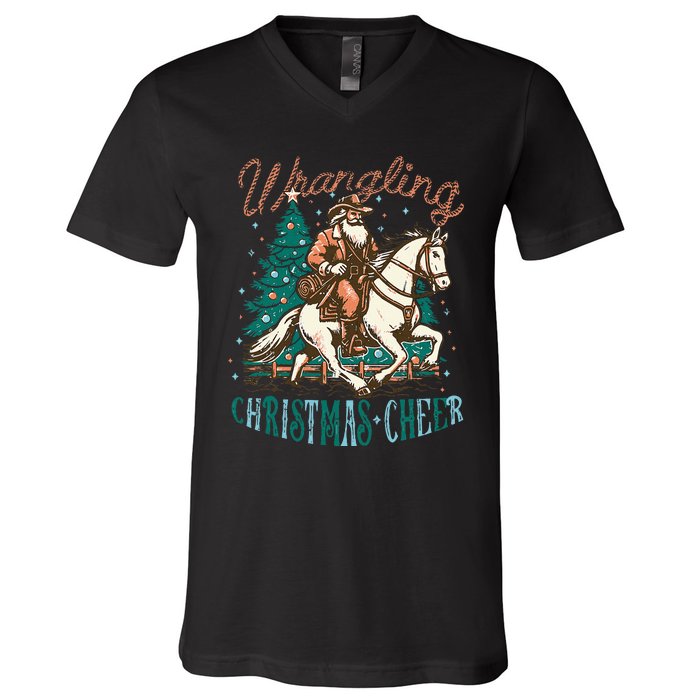 Funny Vintage Western Cowboy Santa Wrangling Christmas Cheer V-Neck T-Shirt