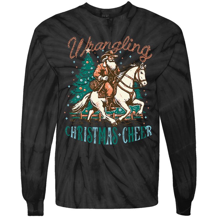 Funny Vintage Western Cowboy Santa Wrangling Christmas Cheer Tie-Dye Long Sleeve Shirt