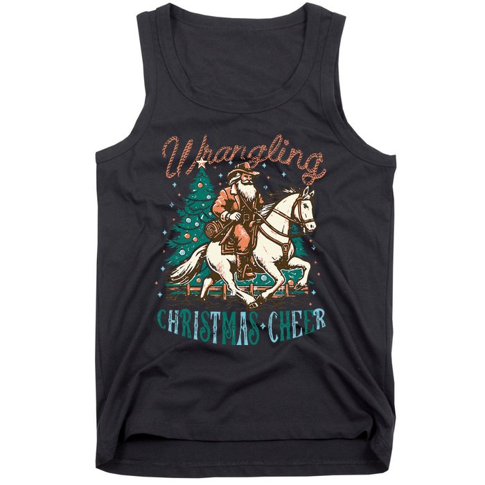 Funny Vintage Western Cowboy Santa Wrangling Christmas Cheer Tank Top