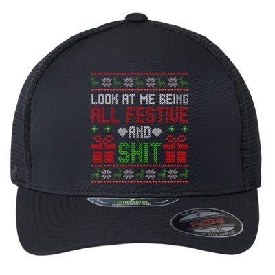 Funny Vintage Xmas Look At Me Being All Festive And Shit  Flexfit Unipanel Trucker Cap