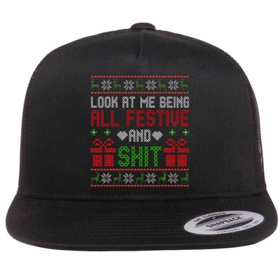 Funny Vintage Xmas Look At Me Being All Festive And Shit  Flat Bill Trucker Hat